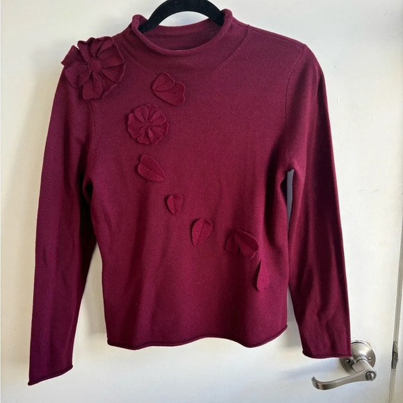 Talbots 100% Merino Wool Mock Neck Flower and Leaf Appliqué Sweater - Picture 1 of 5